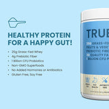 Intestinal health protein powder, grass fed whey meal replacement milkshake contains prebiotics, probiotics, and organic superfoods, is ketone friendly, and gluten free.